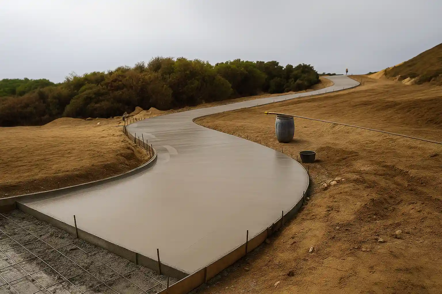 Camino de hormigón fratasado en proceso de construcción en entorno natural.
