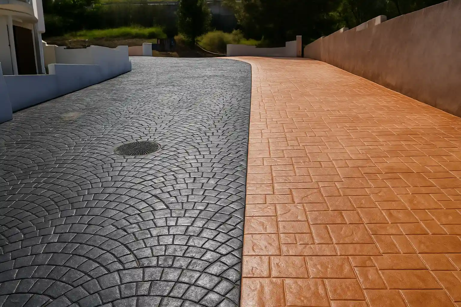 Entrada con pavimento de hormigón impreso en color negro y arcilla, ideal para accesos de vehículos.