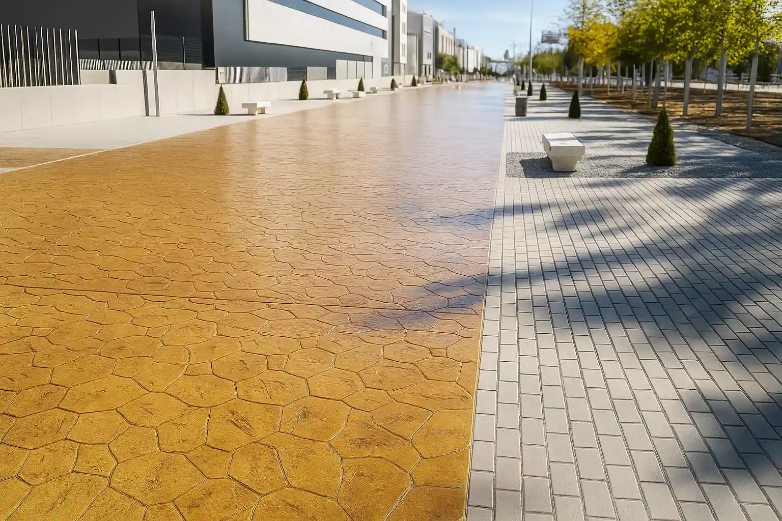 Adoquinado de hormigón impreso con diseño hexagonal en espacio urbano moderno.