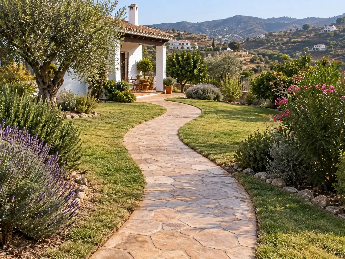 Camino de hormigón impreso en jardín
