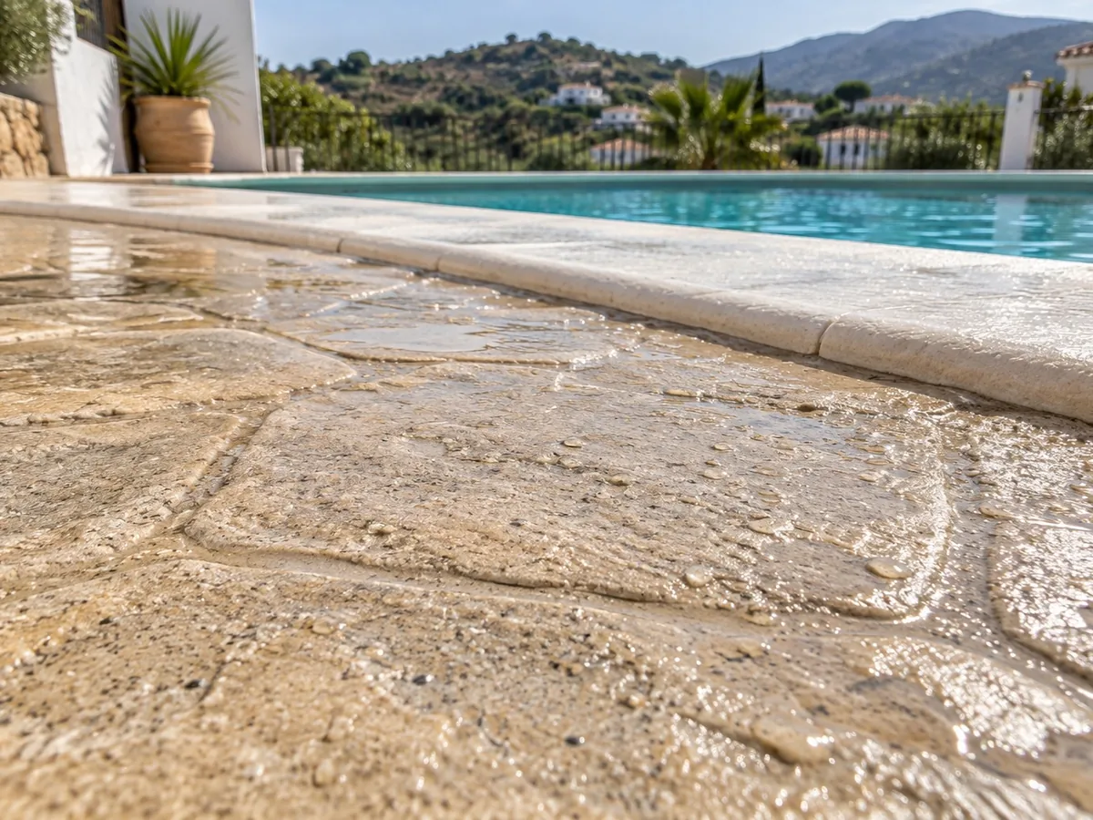 Hormigón impreso antideslizante junto a piscina