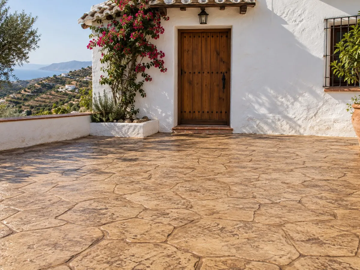 Colores de hormigón impreso: cómo elegir el tuyo 16 Hormigón impreso beige junto a fachada blanca