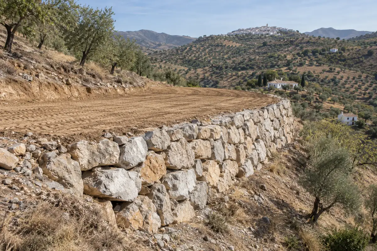 Bancal nuevo sobre un muro de escollera en una finca de almendros de Almogía