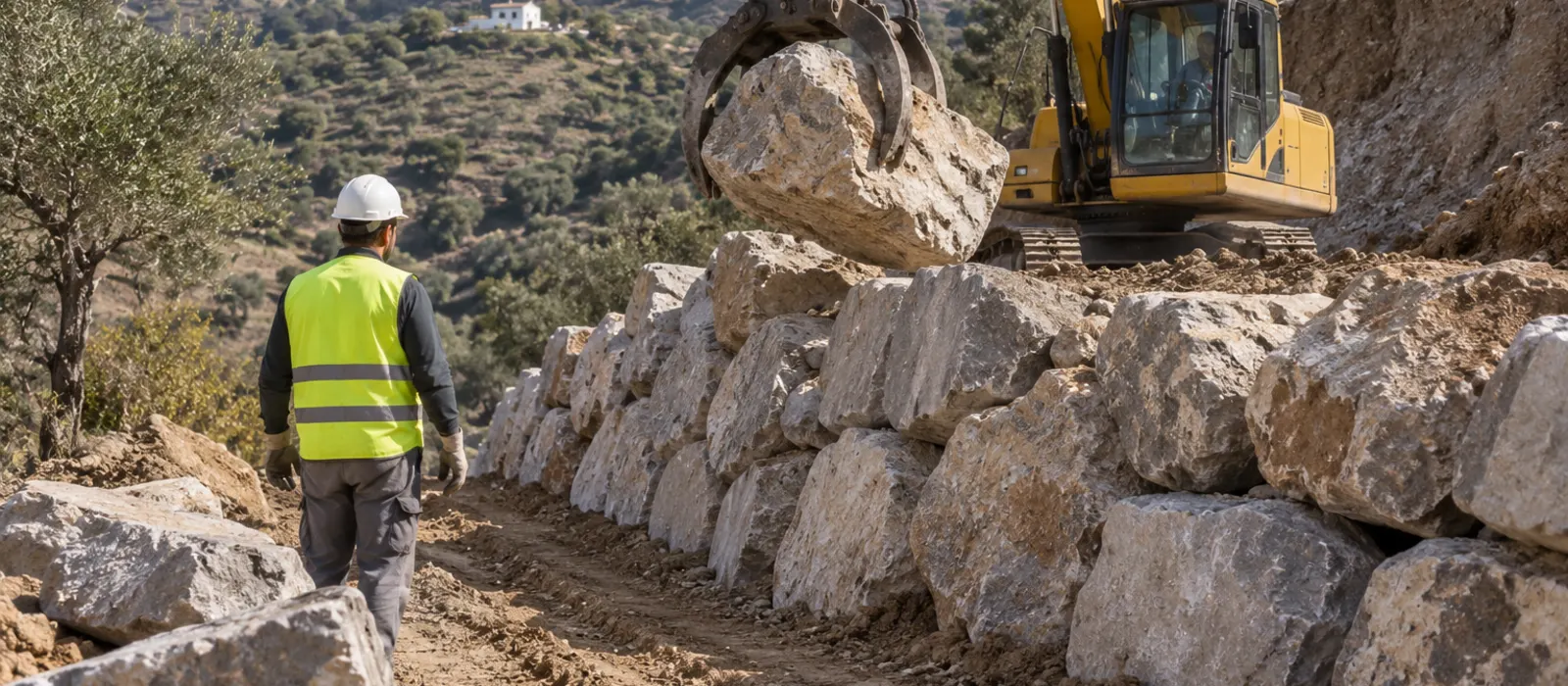 Retroexcavadora colocando bloques de piedra para un muro de escollera en Almogía