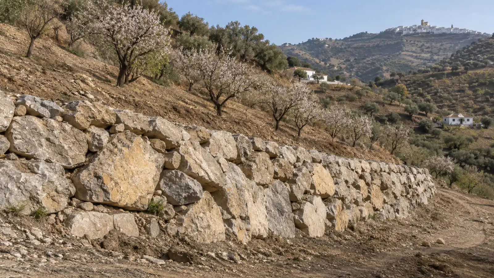 Muros de escollera en Almogía: muro de escollera de piedra natural sujetando un bancal en una finca con pendiente de almendros en Almogía