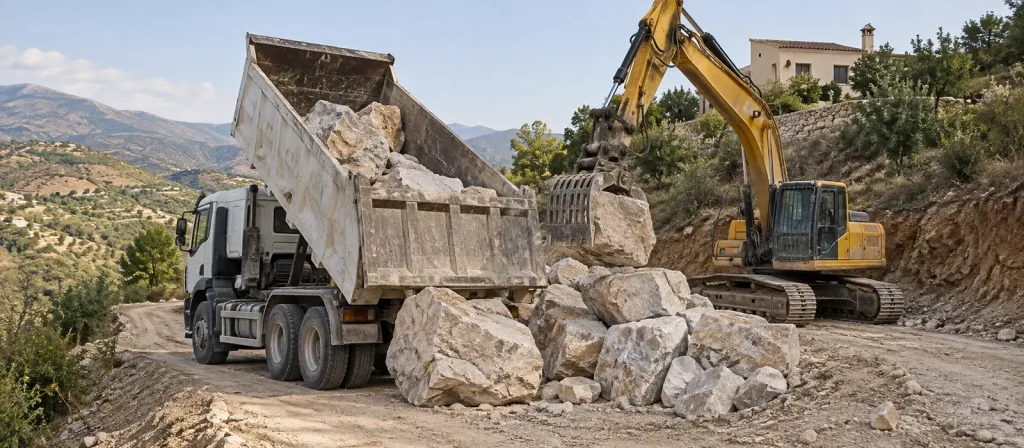 Unloading escollera stone in Casabermeja