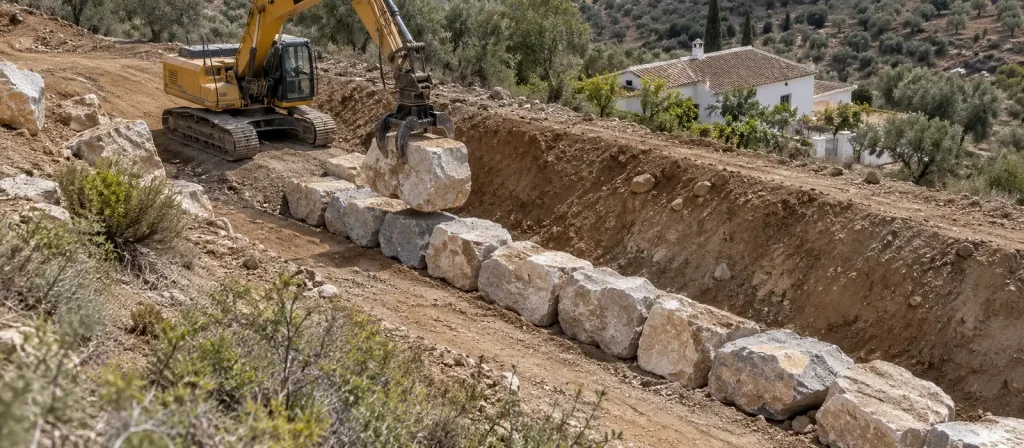 Foundation and first course of an escollera wall