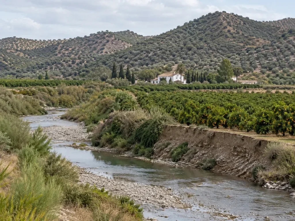 Pizarra river plain with orange groves and olive hills