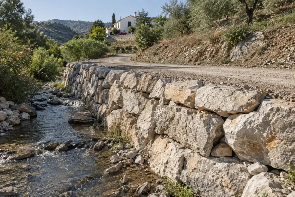Escollera wall protecting a track by a stream in Pizarra
