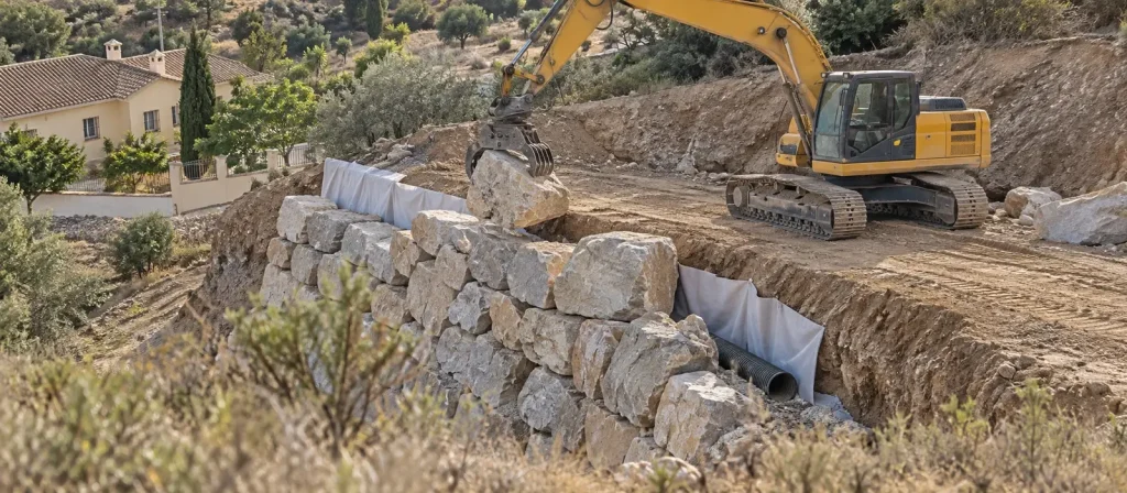 Placing escollera blocks with a digger in Pizarra