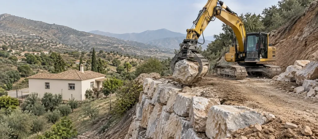 Escollera work on a country track in Villanueva de la Concepción