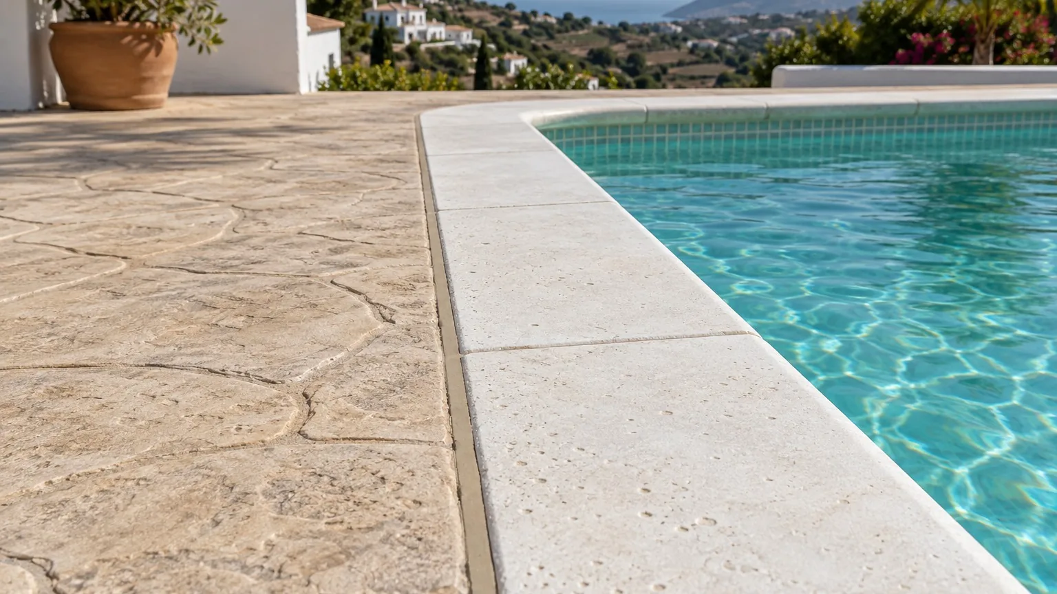 Remate de hormigón impreso con coronación de piscina
