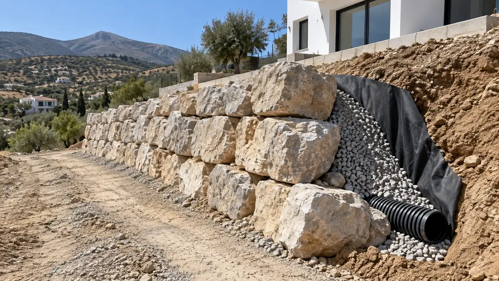 Tubo dren con grava y geotextil detrás de un muro