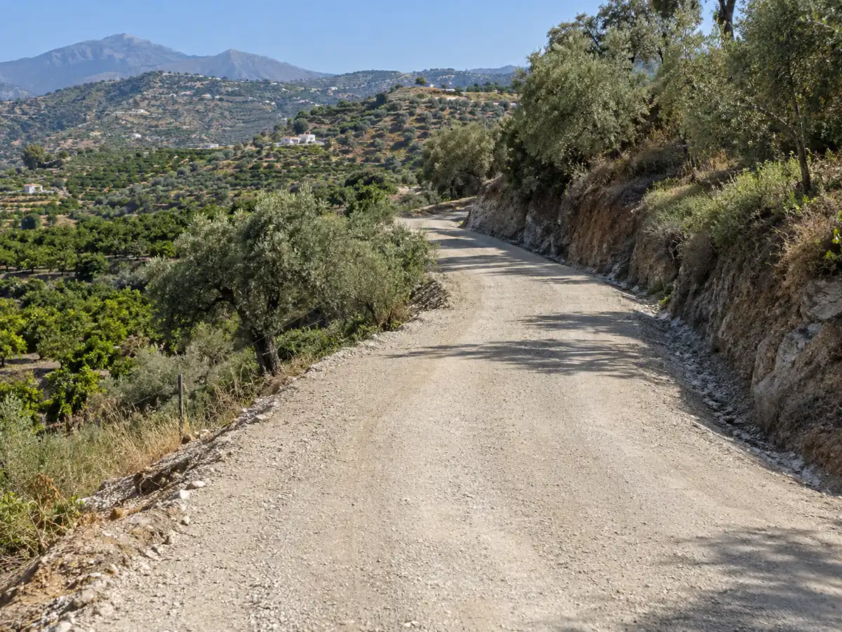 Carril de tierra arreglado con zahorra compactada en una finca de la Axarquía