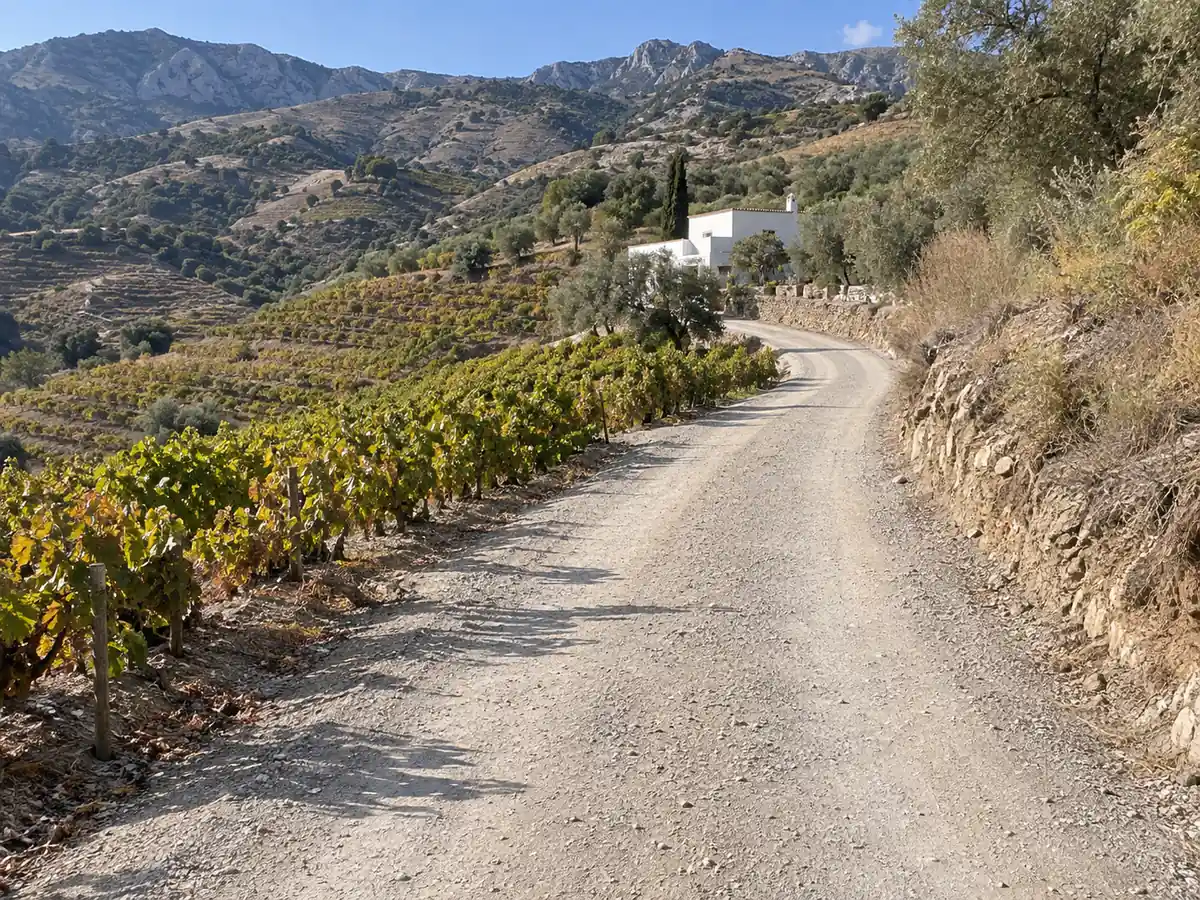 Arreglo de carriles en Cómpeta: carril de tierra entre viñedos hacia un cortijo de Cómpeta