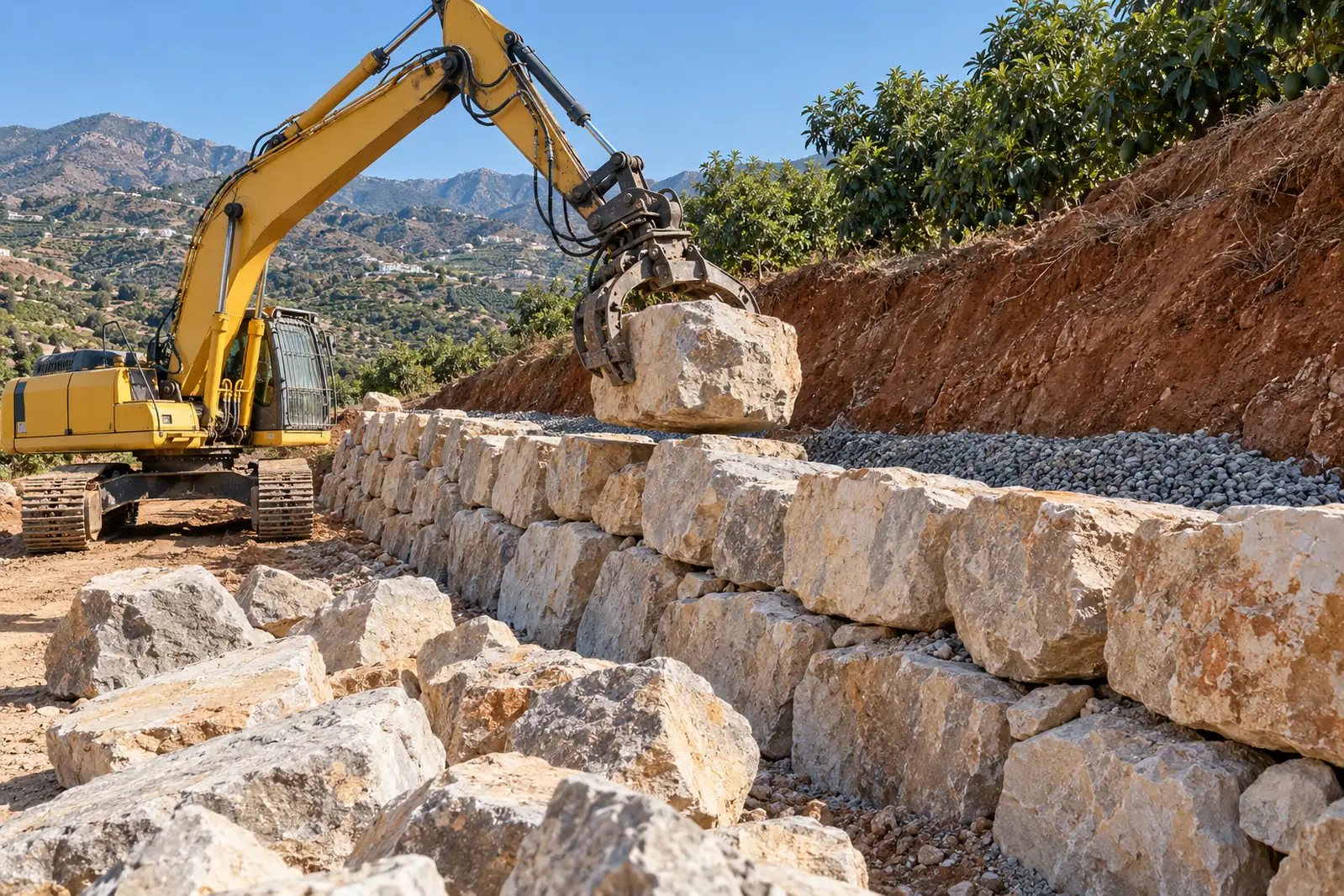 Excavadora colocando bloques de piedra en un muro de escollera en Vélez-Málaga