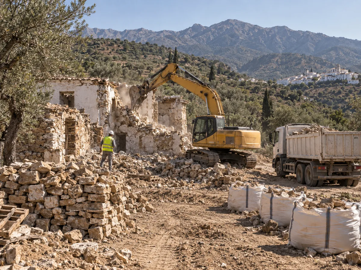 Demolición con miniexcavadora y escombro separado en Canillas de Aceituno