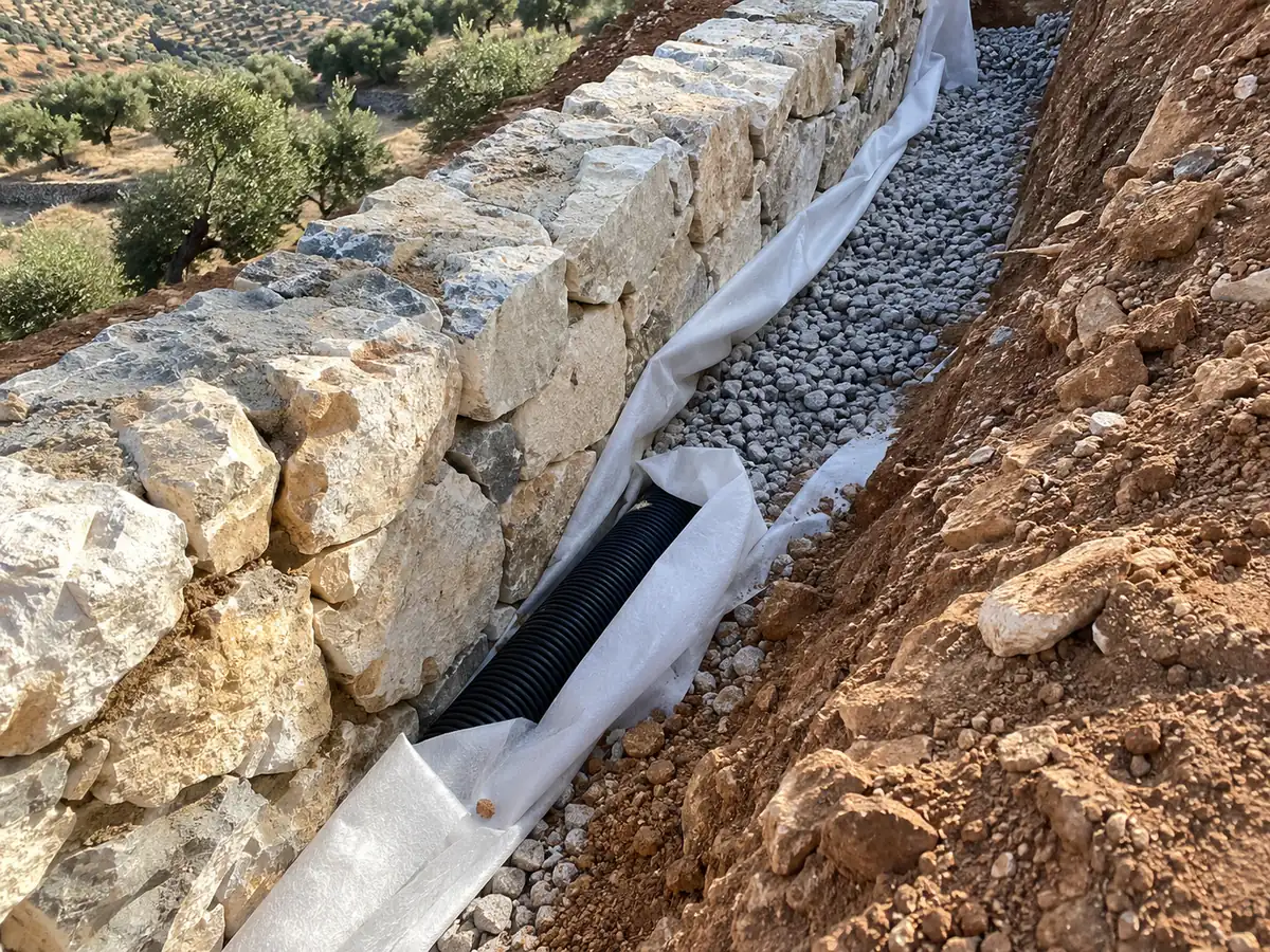 Grava y tubo de drenaje detrás de un muro de contención