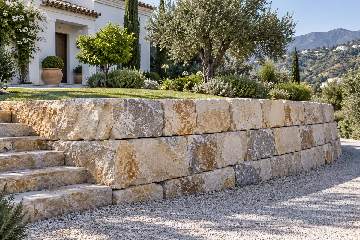 Muro de escollera de piedra de taco, de bloques más cuadrados y regulares