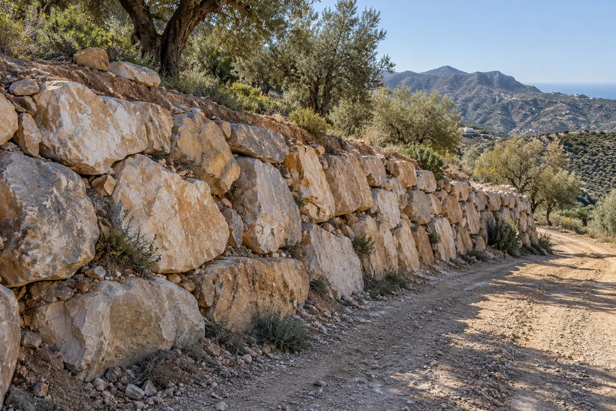 Muro de escollera de piedra de cantera irregular en una finca