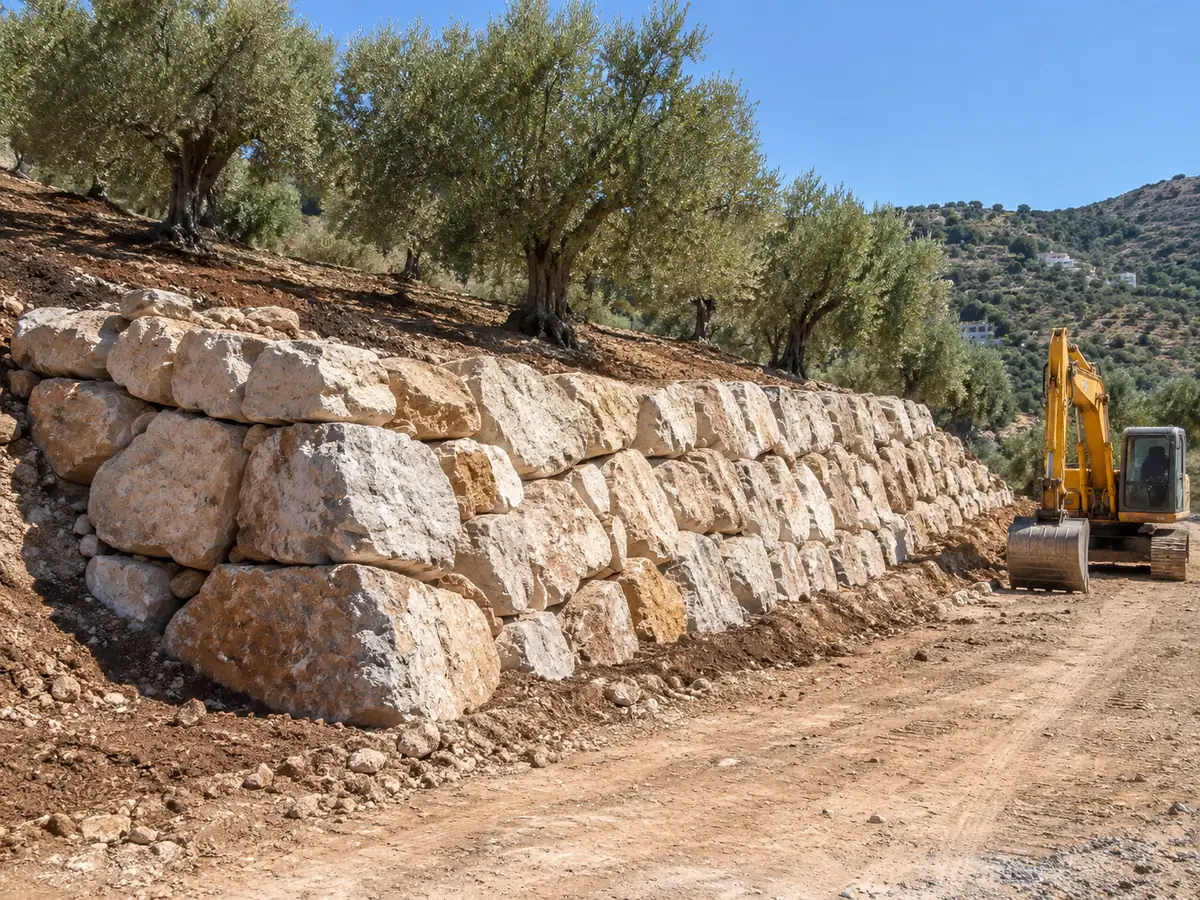 Muro de escollera de piedra natural en una finca en pendiente