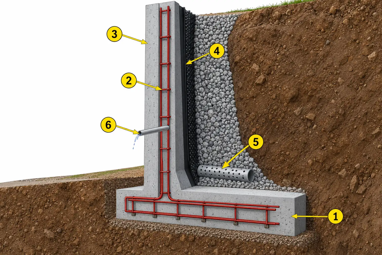Esquema de un muro de hormigón armado: zapata, armadura, alzado, impermeabilización, drenaje y mechinal