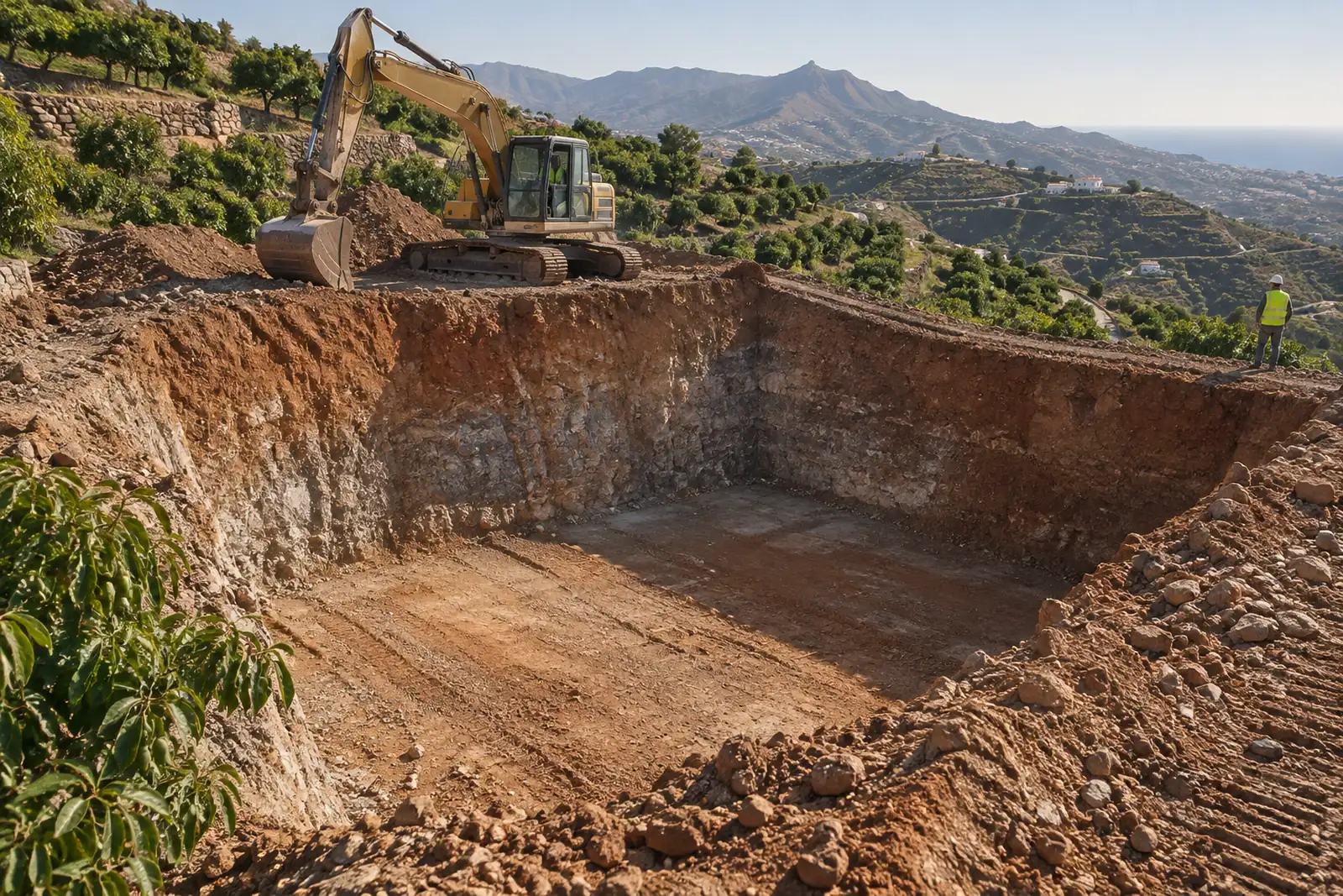 Excavación para un depósito de agua de riego en una finca de aguacates