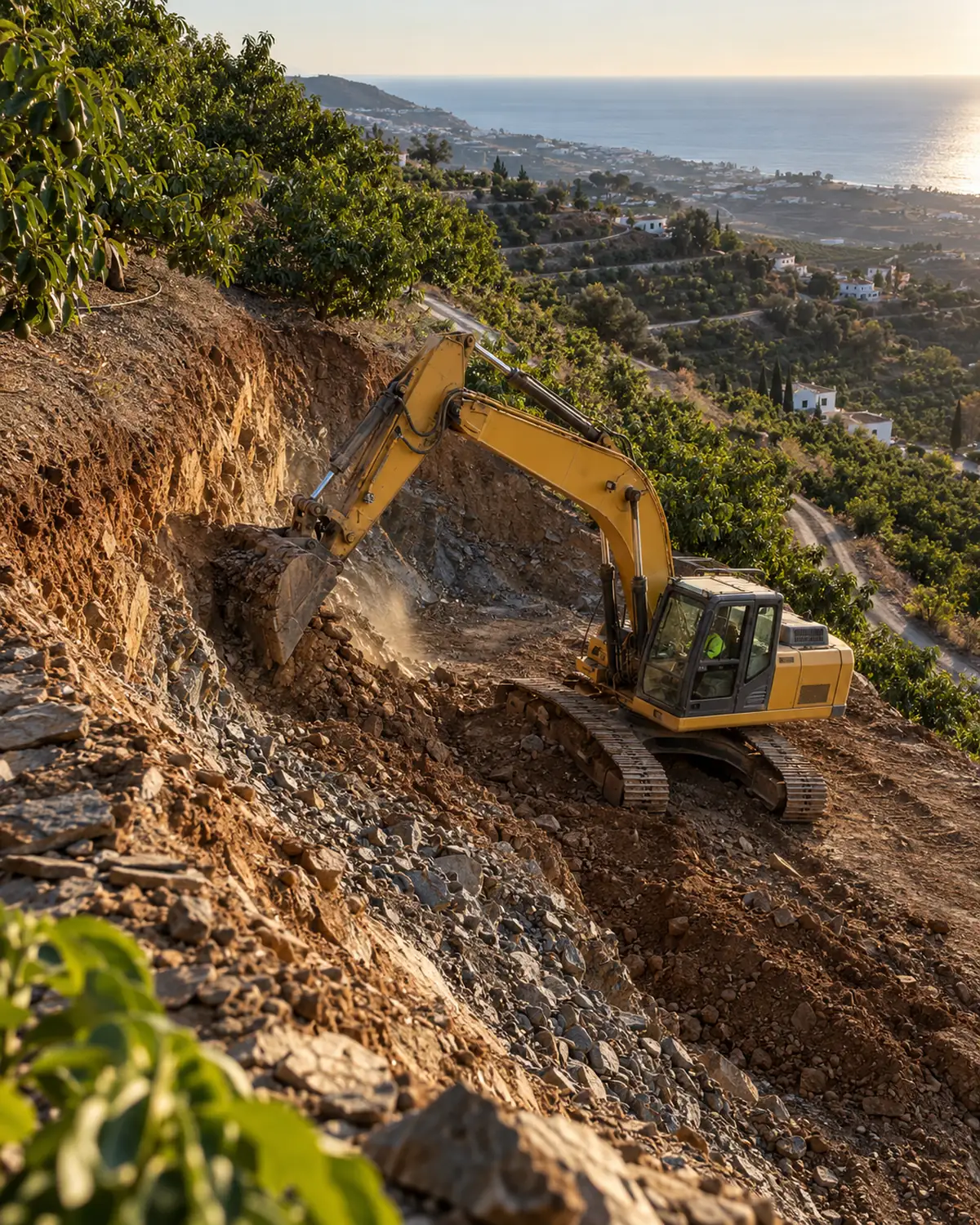 Excavación en una ladera con bancales de aguacates y el mar al fondo