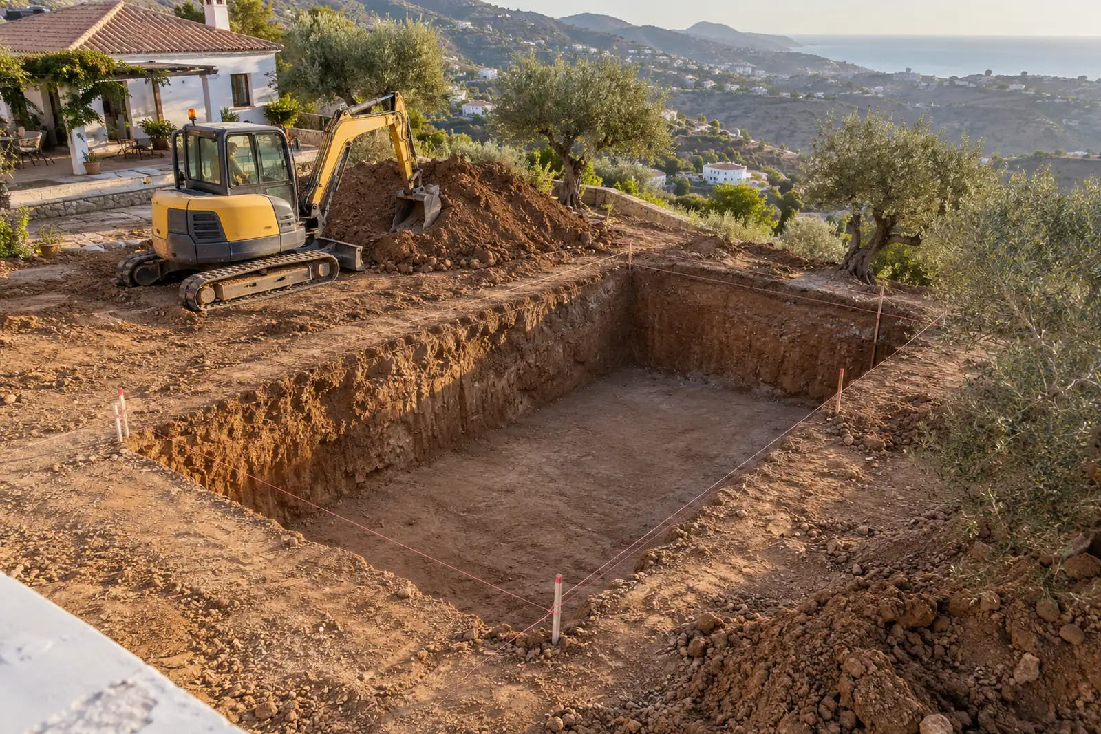 Excavación del vaso de una piscina en el jardín de una casa de la Axarquía