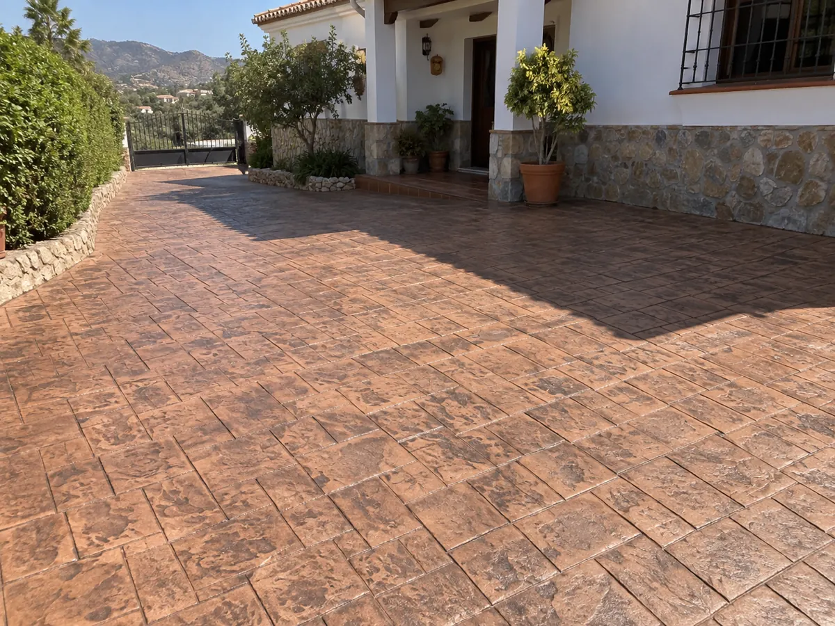 Rampas de hormigón y entradas de coches 30 Entrada de hormigón impreso adoquín color terracota