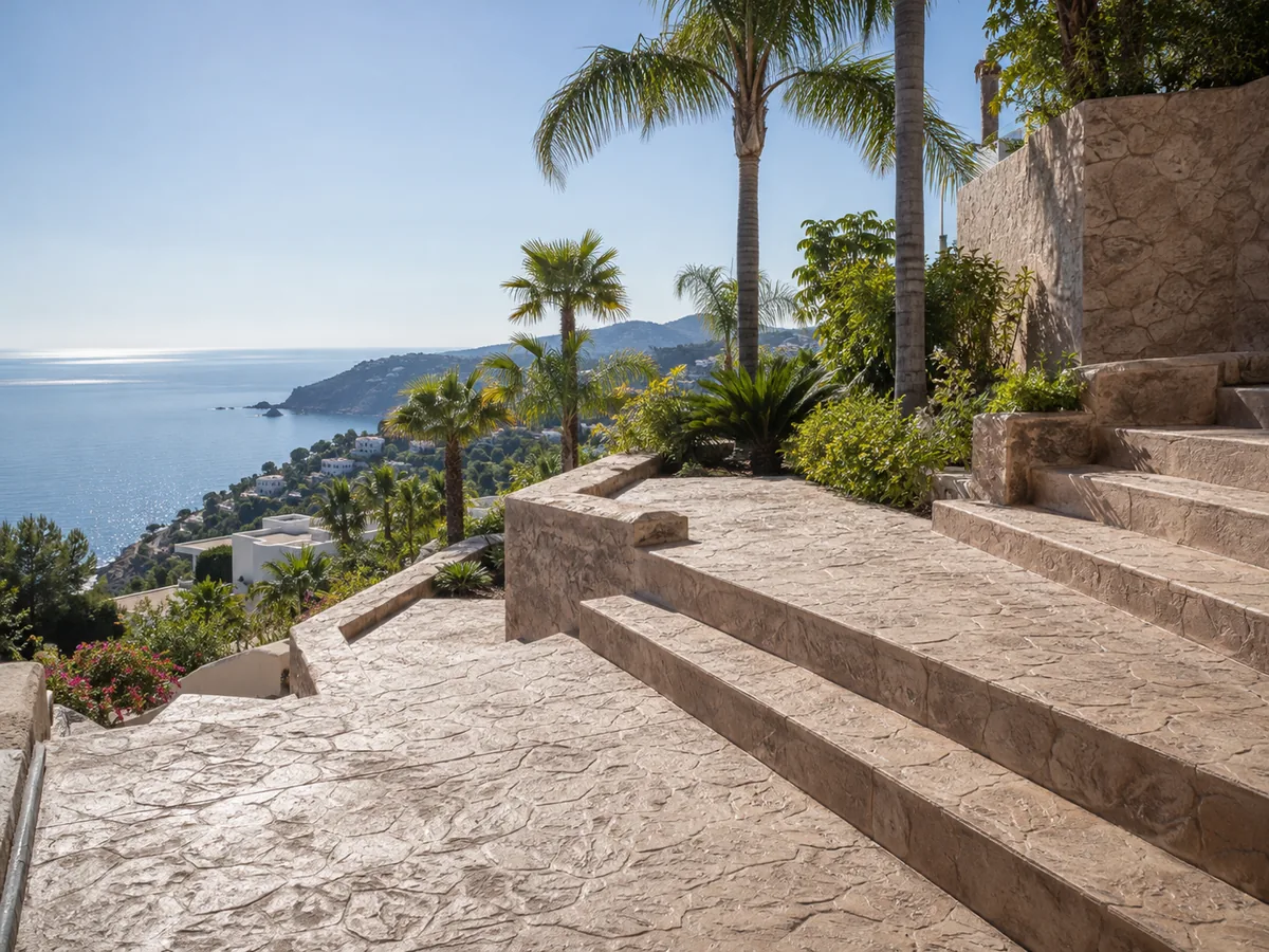 Terraza escalonada con hormigón impreso y vistas al mar en Almuñécar