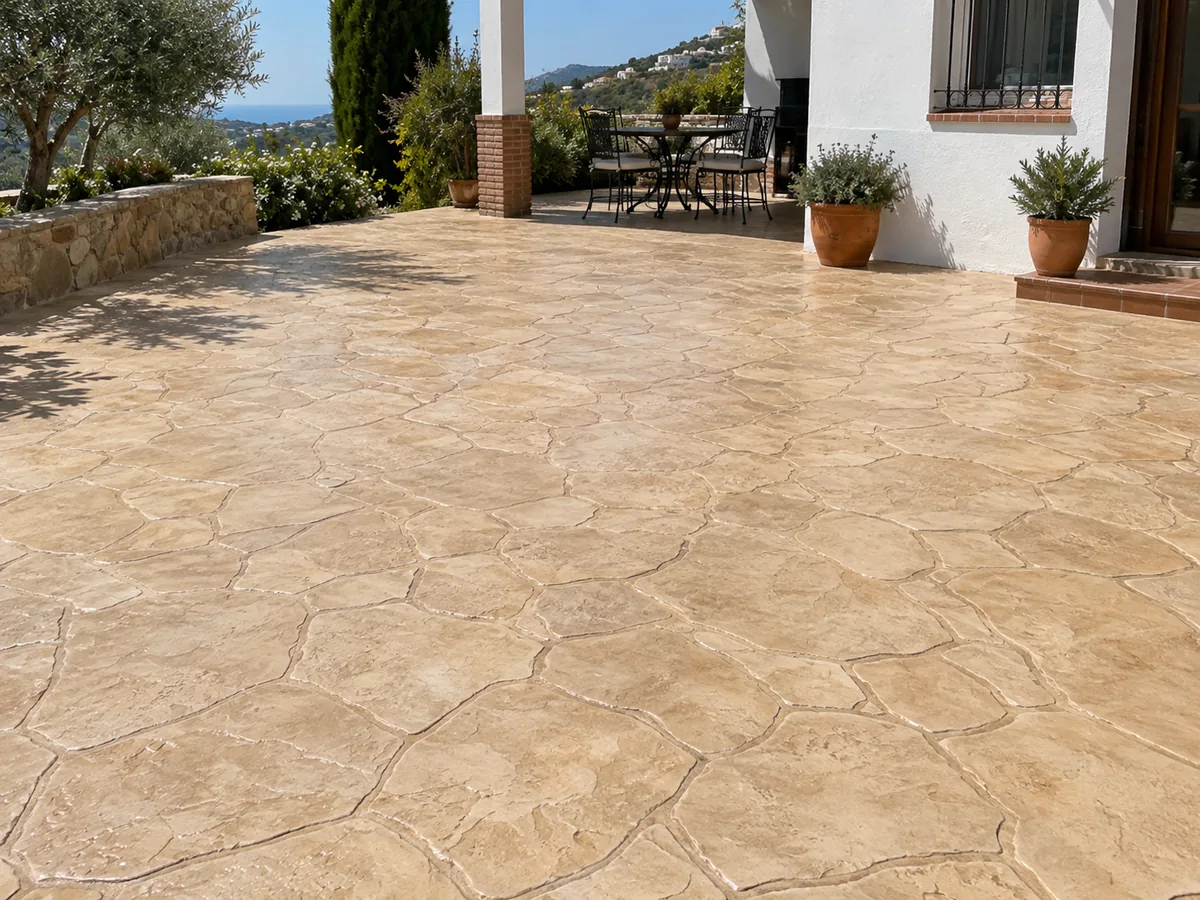 Hormigón impreso color crema con molde de piedra en terraza