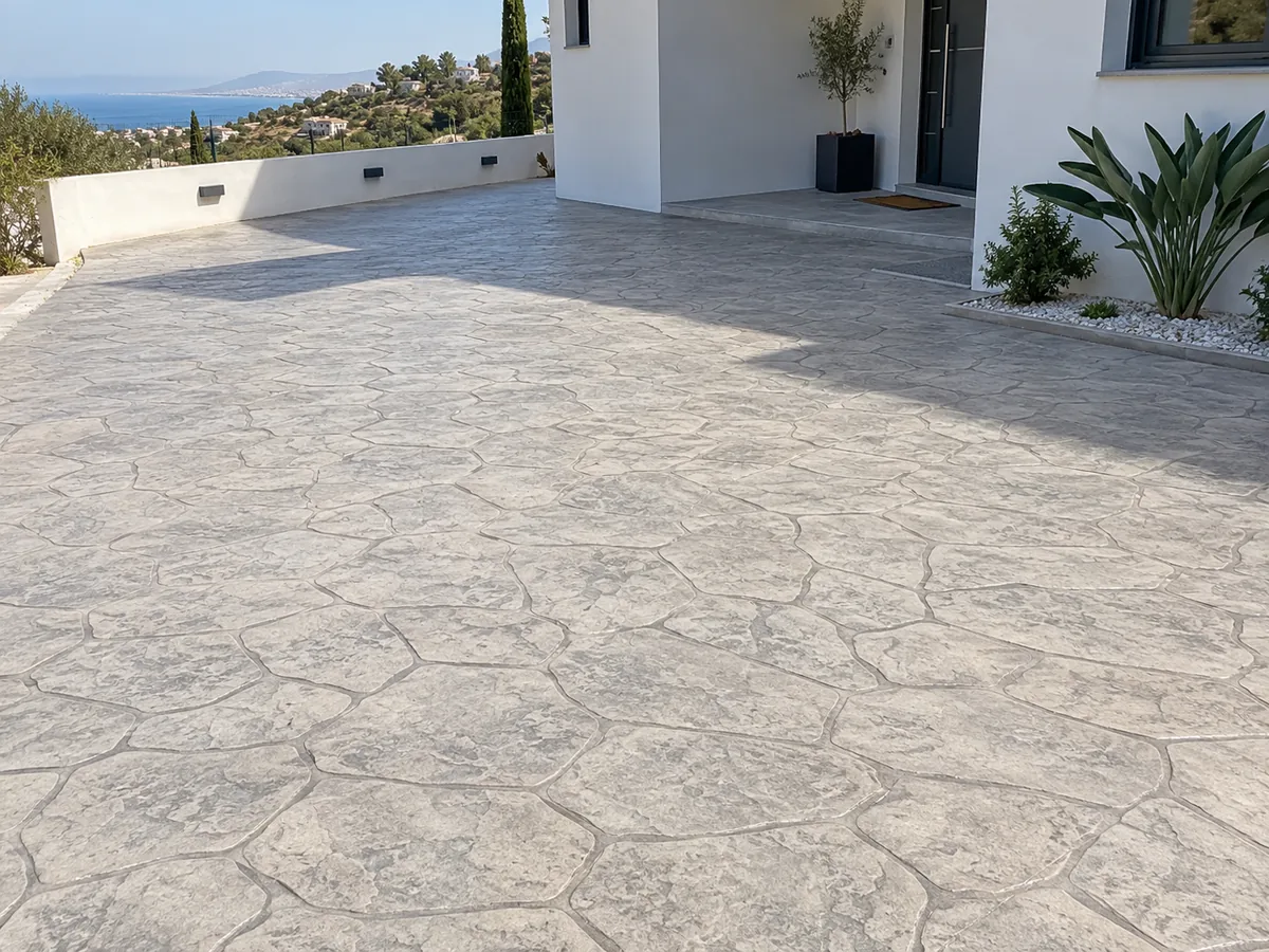 Hormigón impreso color gris perla en casa moderna