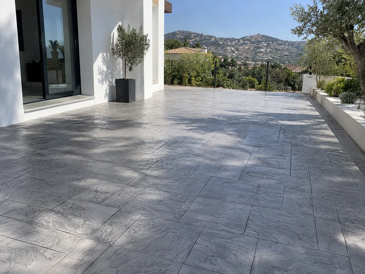 Hormigón impreso molde losa rectangular color gris perla en patio moderno