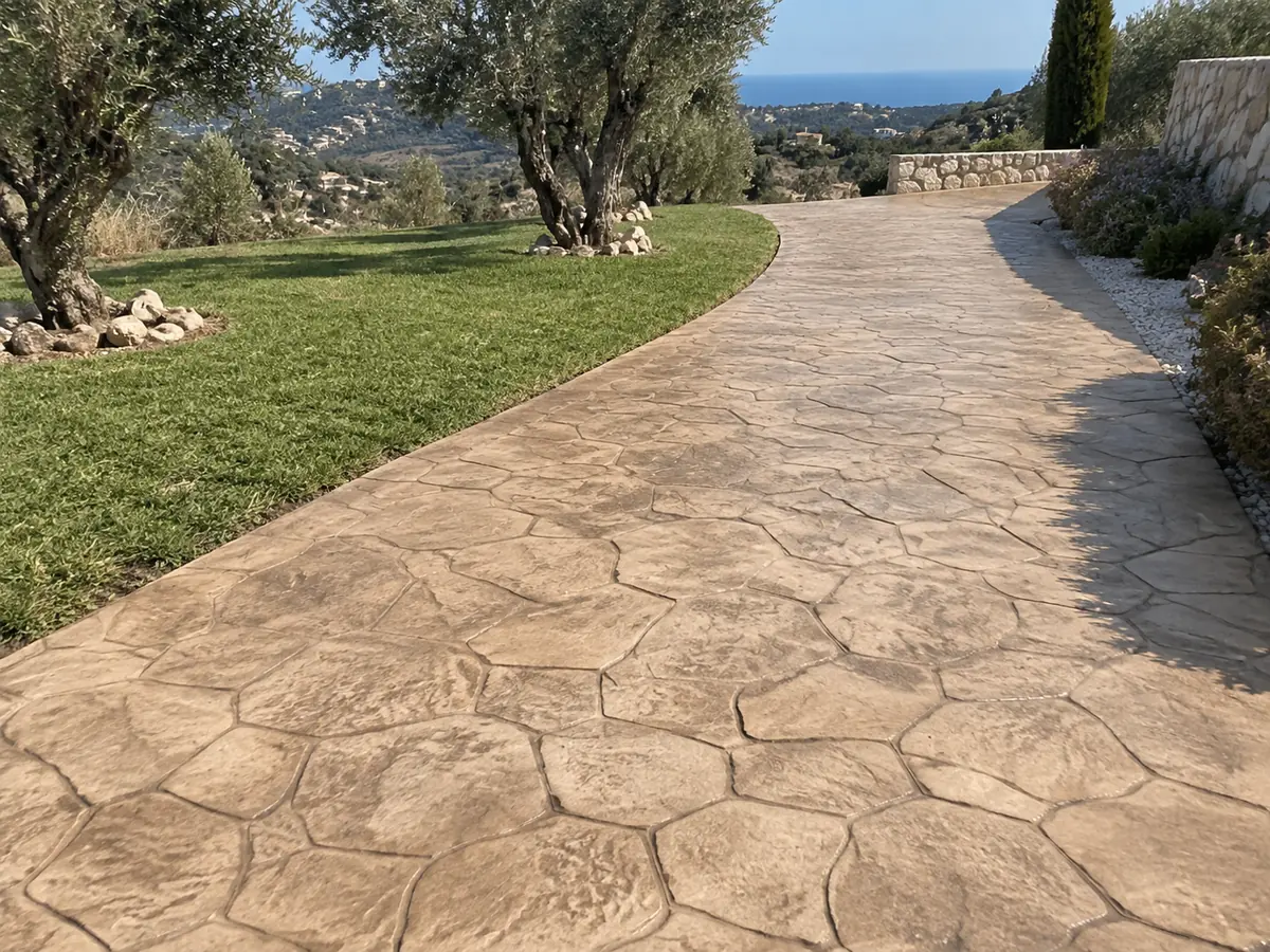 Camino de jardín en hormigón impreso molde piedra color beige