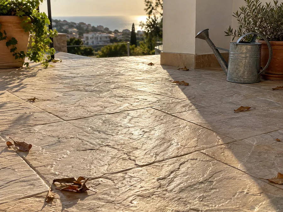 Terraza con suelo de hormigón impreso imitación piedra en Rincón de la Victoria