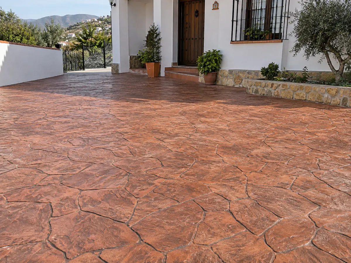 Hormigón impreso color rojo teja en entrada de casa de pueblo