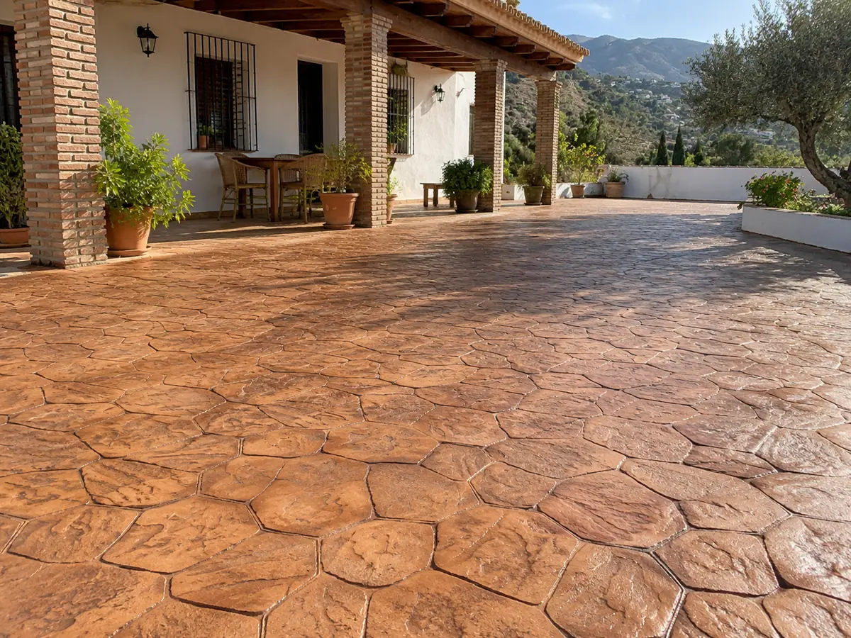 Hormigón impreso color terracota en porche rústico