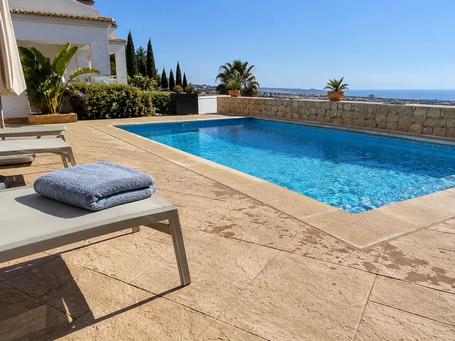 Zona de piscina con hormigón impreso en tono claro en Torre del Mar