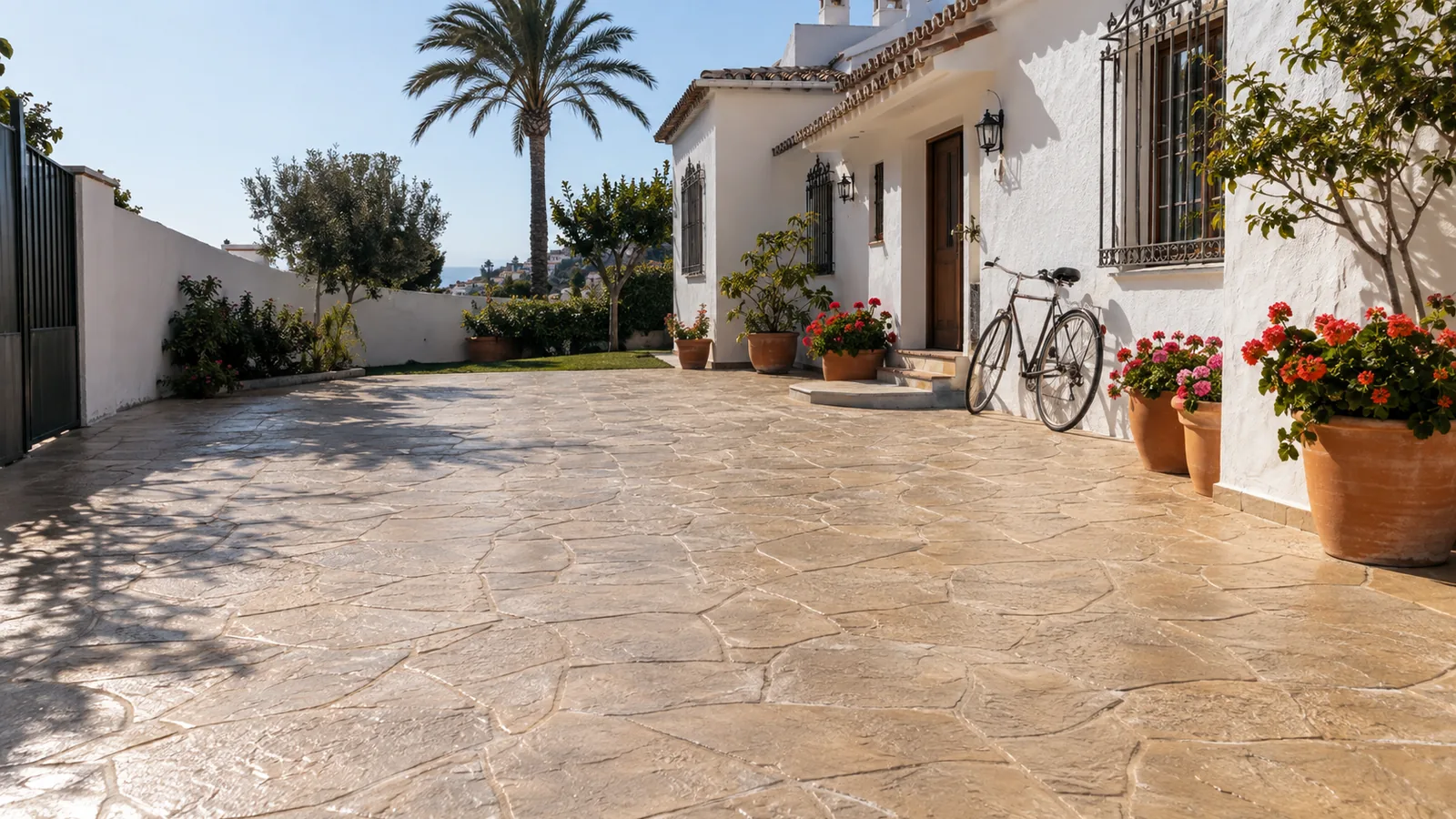 Patio de vivienda en Torre del Mar con suelo de hormigón impreso color arena recién terminado