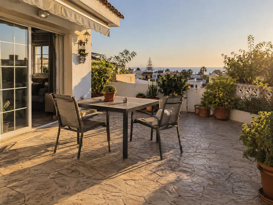 Terraza con suelo de hormigón impreso imitación piedra en Torre del Mar