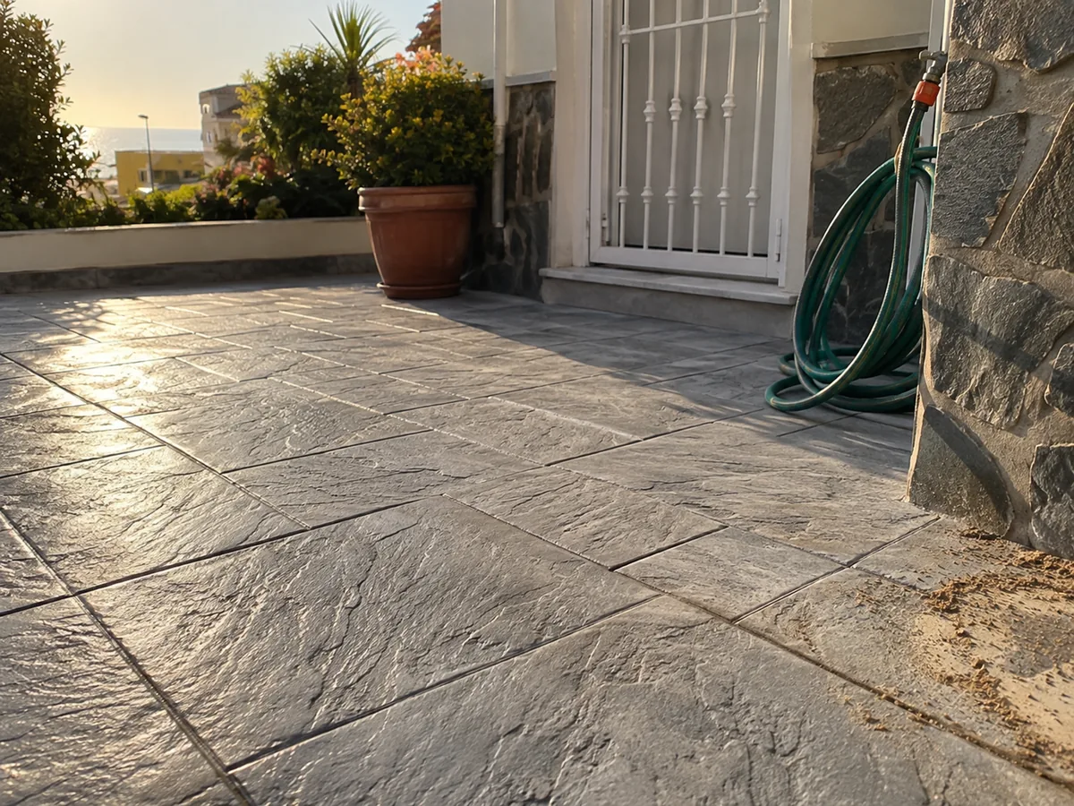 Detalle de hormigón impreso en un patio cerca de la playa de Torre del Mar