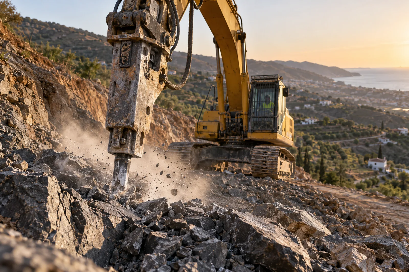 Excavadora con martillo hidráulico rompiendo roca de pizarra en la Axarquía