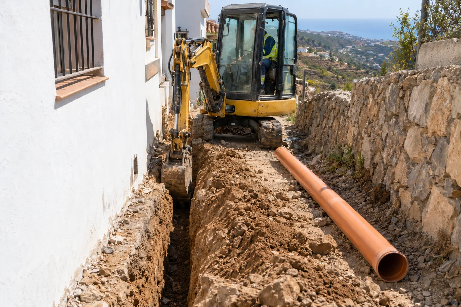Miniexcavadora abriendo una zanja para saneamiento junto a una casa