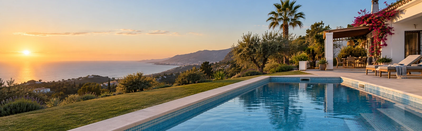 Modelos de piscinas de obra 1 Piscina de obra con gresite azul en el jardín de una casa blanca de la Axarquía con vistas al mar