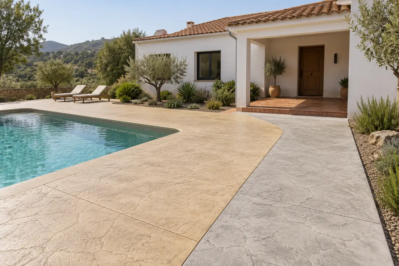 Hormigón impreso en arena, gris y terracota alrededor de una vivienda Vivienda con piscina y pavimentos de hormigón impreso en arena, gris y terracota.