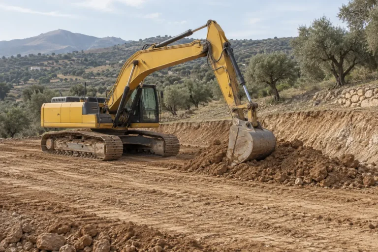 Excavadora trabajando junto a un acopio de tierra en una plataforma rural.