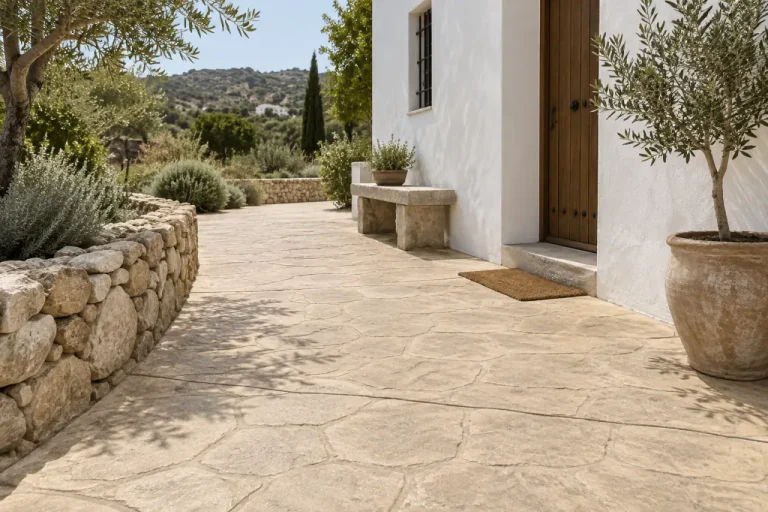 Entrada de hormigón impreso beige junto a una fachada blanca Entrada de hormigón impreso beige junto a una casa blanca y un banco de piedra.