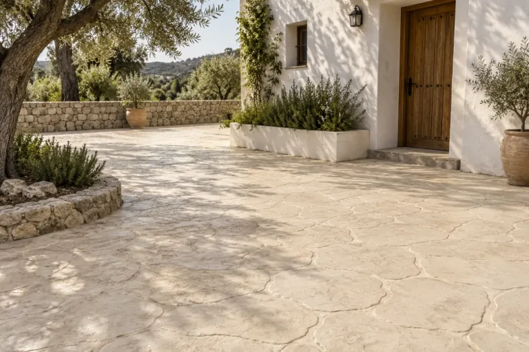 Patio de hormigón impreso crema con sombra de olivo Patio de hormigón impreso crema con relieve de piedra y sombra de olivo.