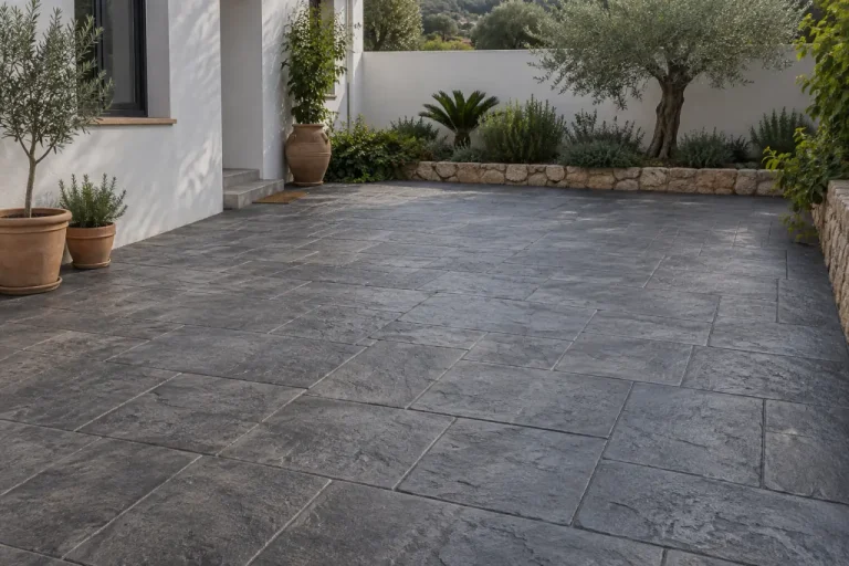 Patio de hormigón impreso antracita de losa rectangular Patio de hormigón impreso gris antracita con dibujo de losa rectangular y macetas.